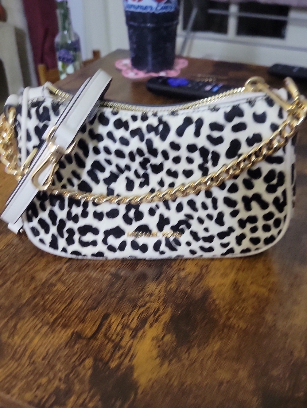 Women's White and Black Leopard Print Shoulder Bag with Gold Chain